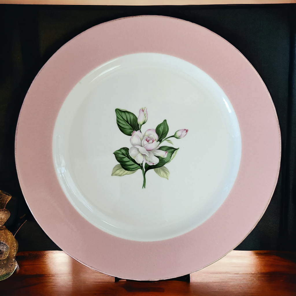 Homer Laughlin Glenwood Pink Rim, Pink/White Roses, Gold Trim Dinner Plate