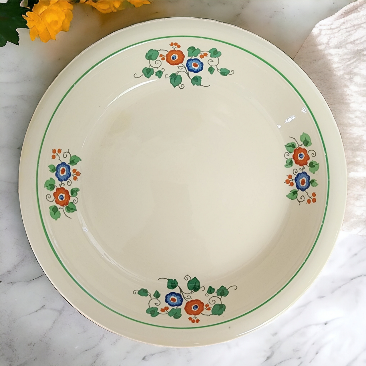 Homer Laughlin Newell Red & Blue Floral Groups Green Trim Pie Pan Plate / Dish