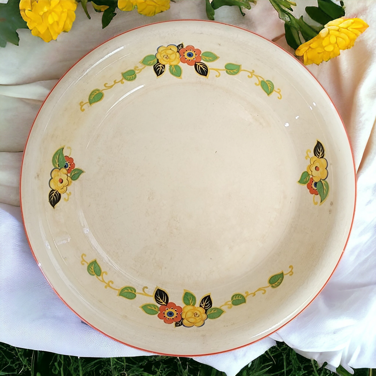 Homer Laughlin Oven Serve Embossed Red & Yellow Floral Pie Pan Plate Vegetable Dish