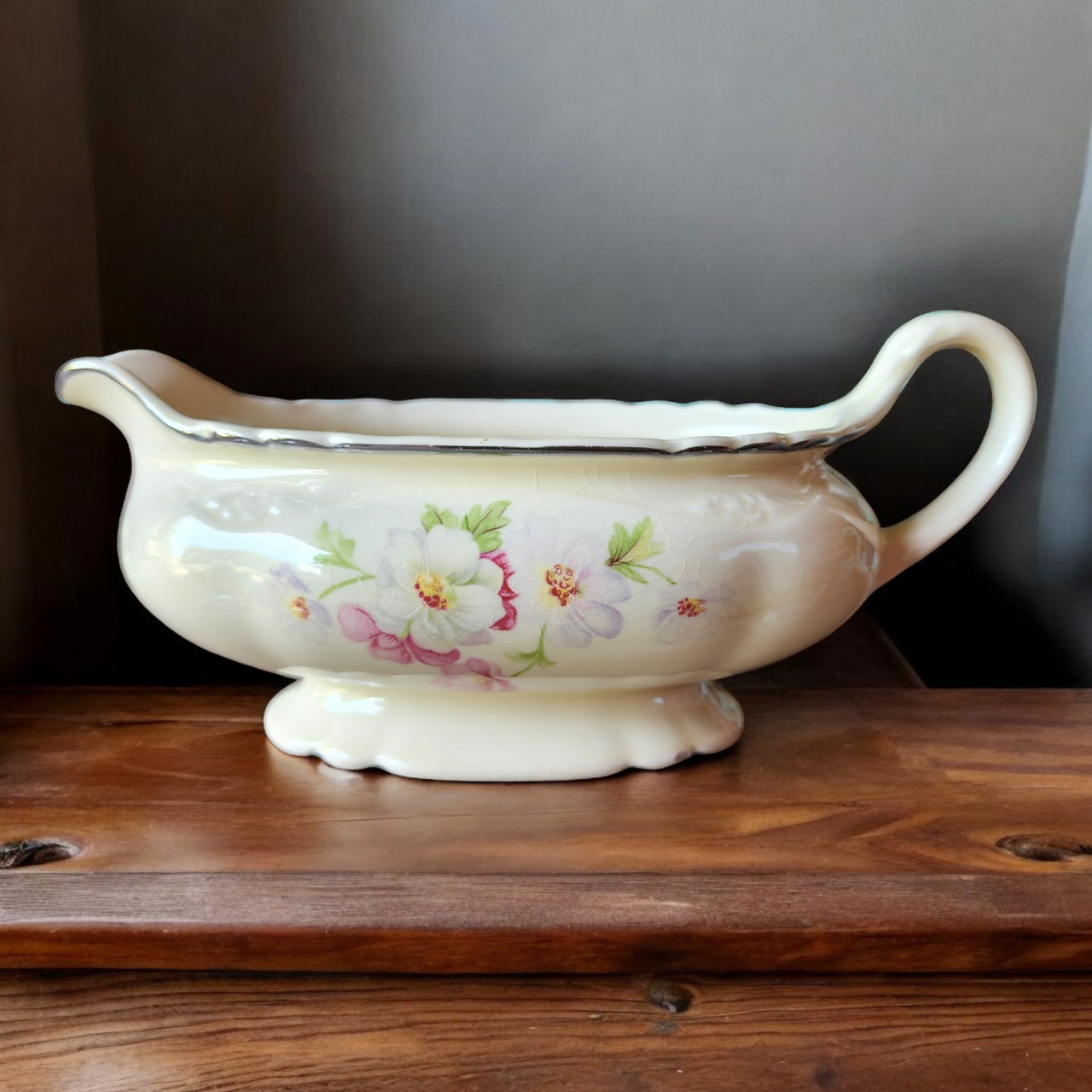 Homer Laughlin Virginia Fluffy Rose Platinum Trim Pink & White Flowers Gravy Boat