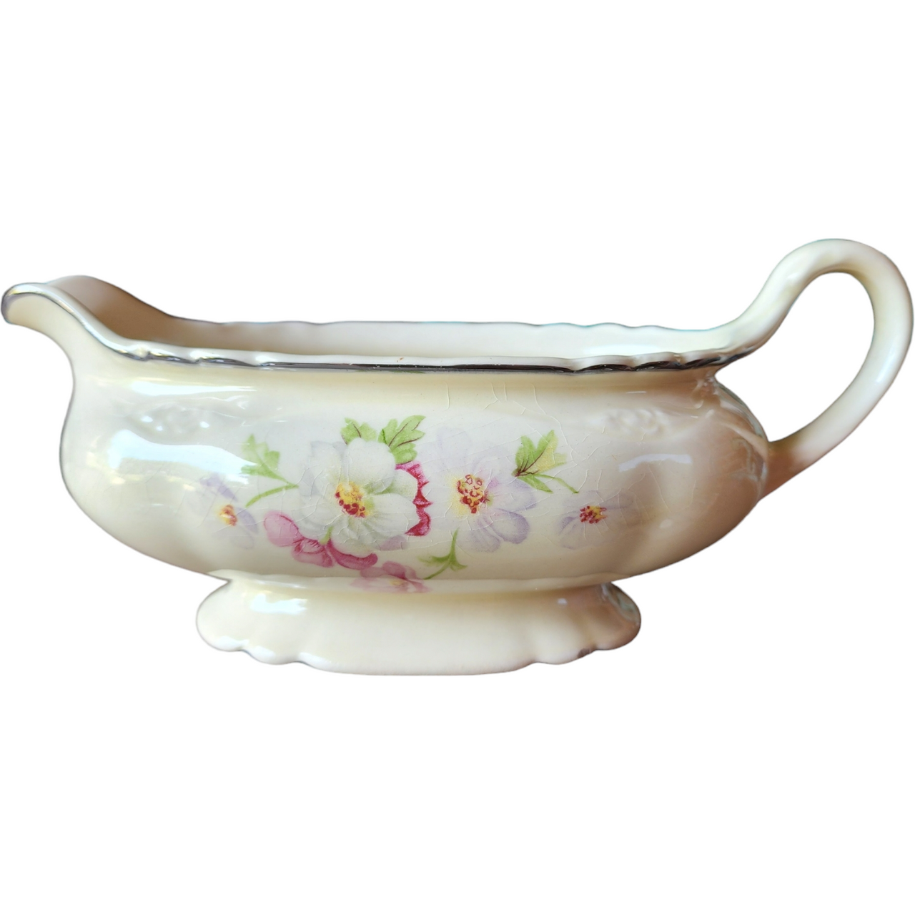 Homer Laughlin Virginia Fluffy Rose Platinum Trim Pink & White Flowers Gravy Boat
