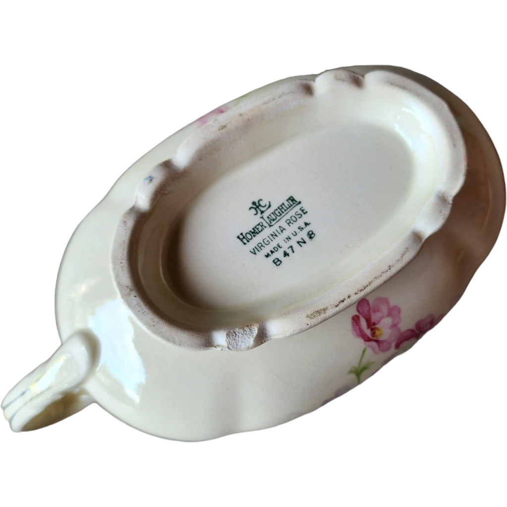 Homer Laughlin Virginia Fluffy Rose Platinum Trim Pink & White Flowers Gravy Boat