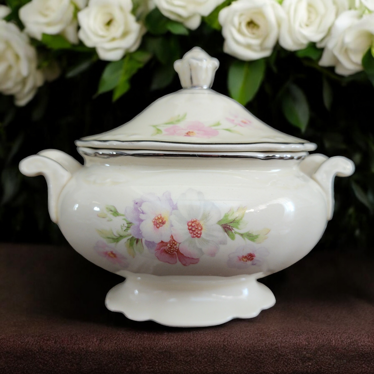 Homer Laughlin Virginia Rose Pink & White Flowers Sugar Bowl & Lid