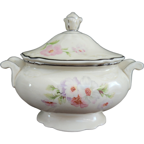 Homer Laughlin Virginia Rose Pink & White Flowers Sugar Bowl & Lid