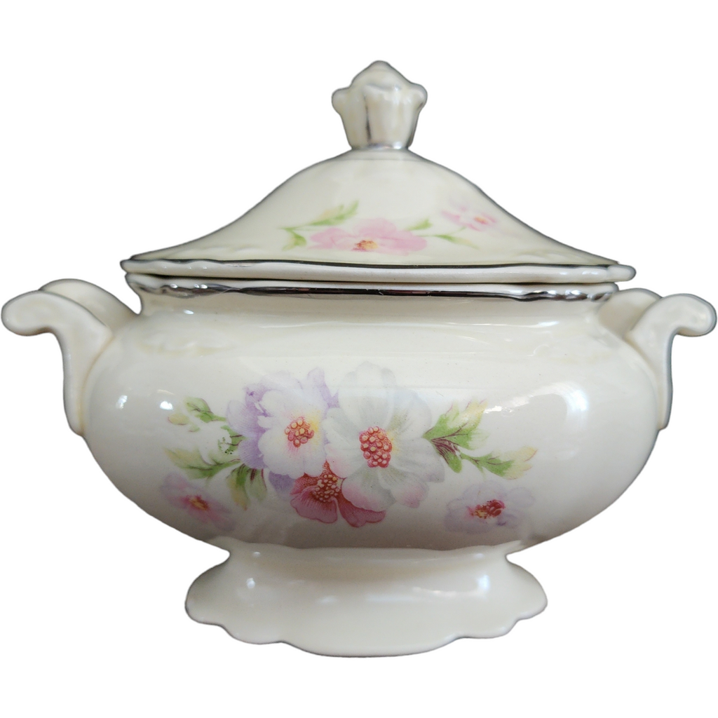 Homer Laughlin Virginia Rose Pink & White Flowers Sugar Bowl & Lid