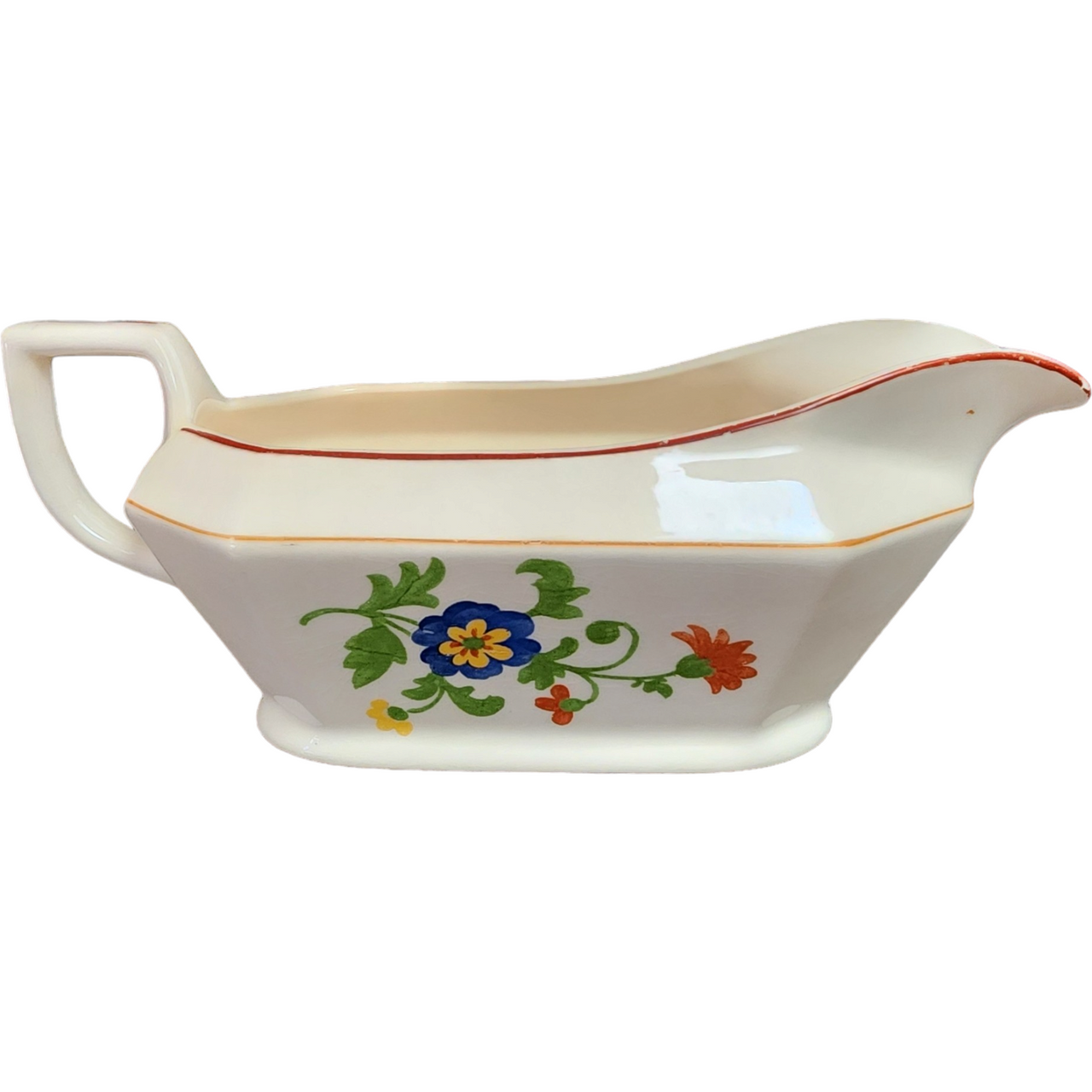 Homer Laughlin Yellowstone Floral, Orange Band, Red Trim Gravy Boat