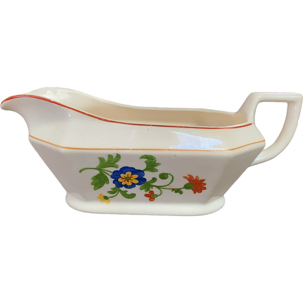 Homer Laughlin Yellowstone Floral, Orange Band, Red Trim Gravy Boat