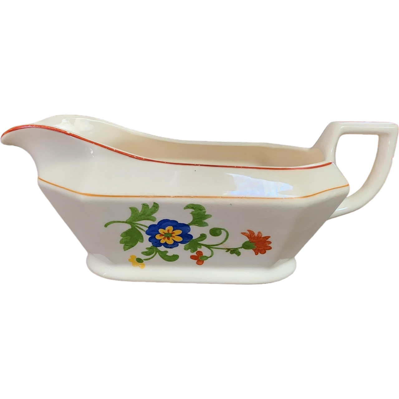 Homer Laughlin Yellowstone Floral, Orange Band, Red Trim Gravy Boat