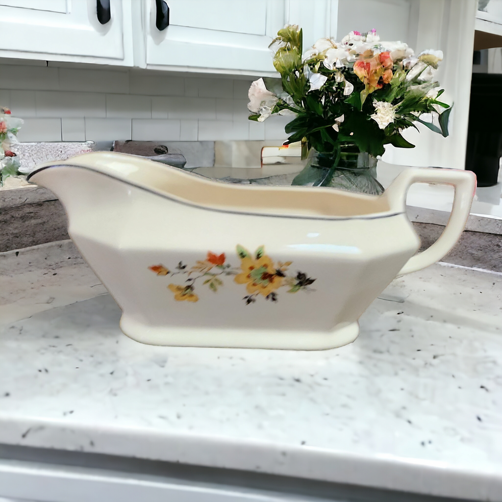 Homer Laughlin Yellowstone Yellow Flowers Black Leaves Gravy Boat