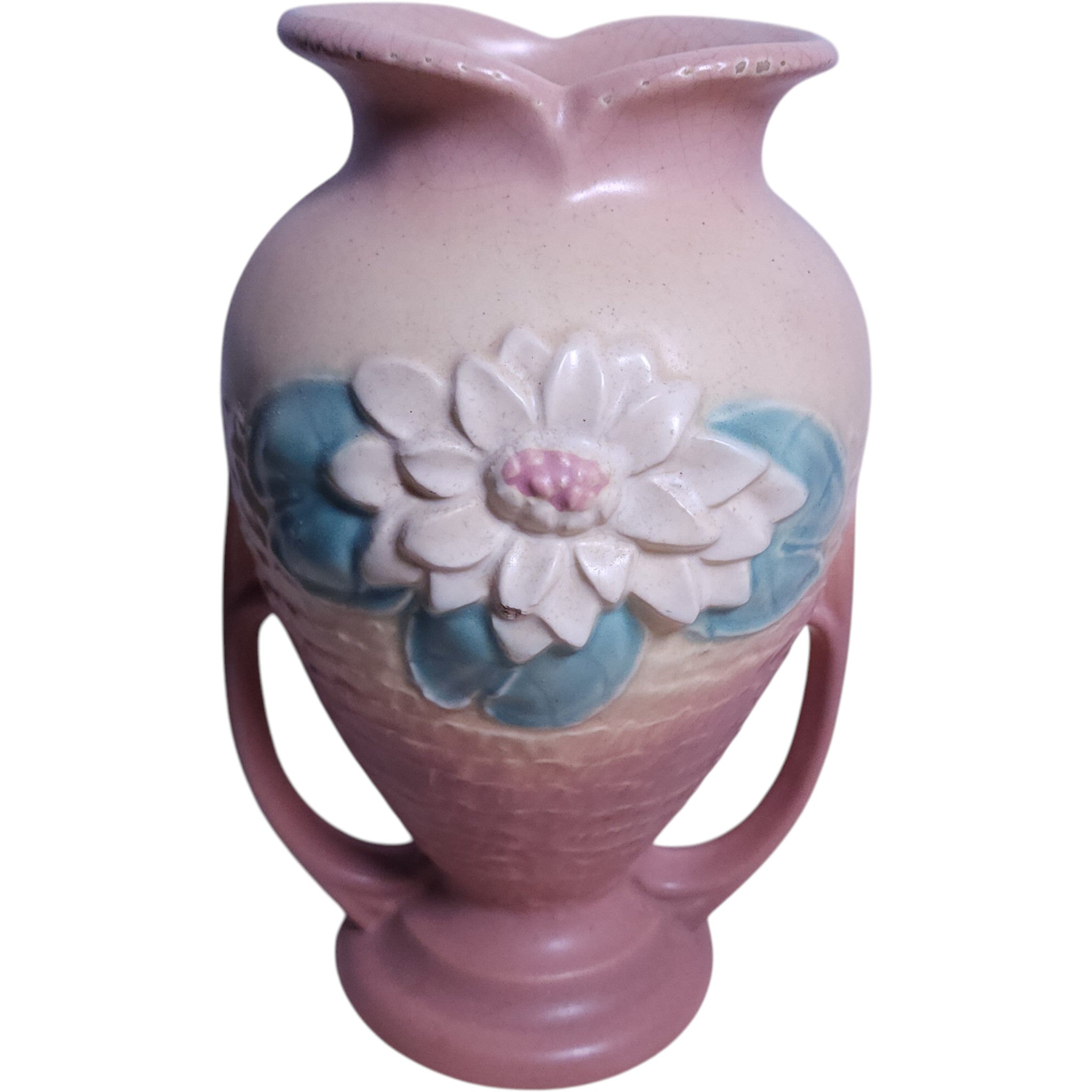 Hull Pottery Water Waterlily Walnut Apricot Double Handled Vase