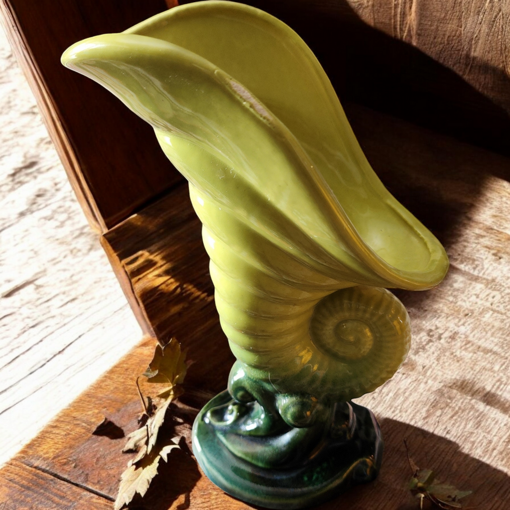 Hull Woodland Chartreuse Green Glossy Cornucopia Vase Planter