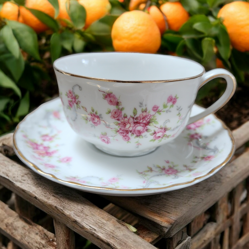 Hutschenreuther Racine Pink Flowers Gold Scrolls Flat Cup & Saucer Set