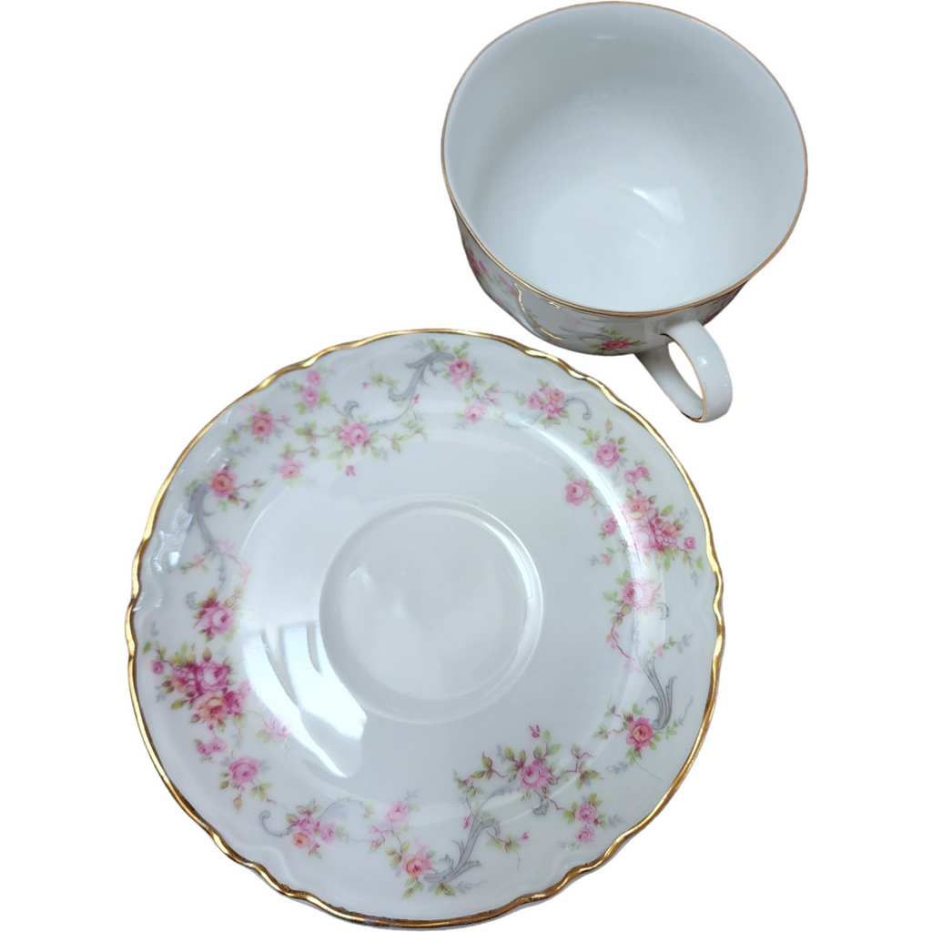 Hutschenreuther Racine Pink Flowers Gold Scrolls Flat Cup & Saucer Set