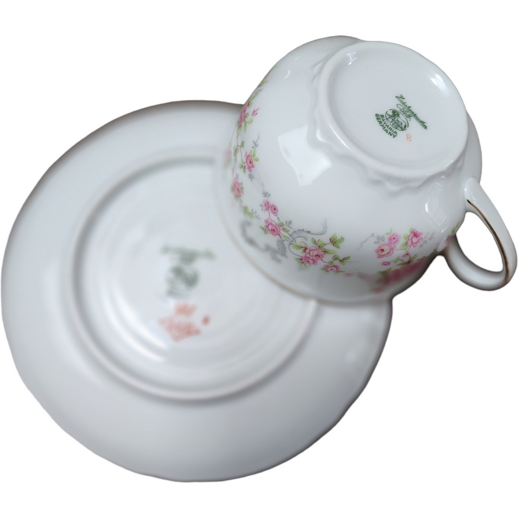 Hutschenreuther Racine Pink Flowers Gold Scrolls Flat Cup & Saucer Set