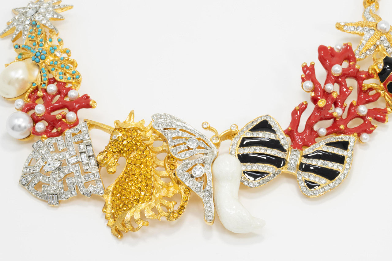 Kenneth Jay Lane Gold Kaleidoscope Collar Necklace, Enamel and Crystal Motifs