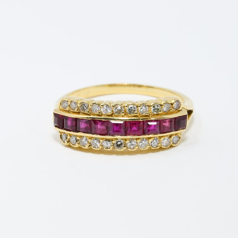 14 Karat Yellow Gold Square Cut .45 Carat Ruby and Round Diamond Fashion Ring