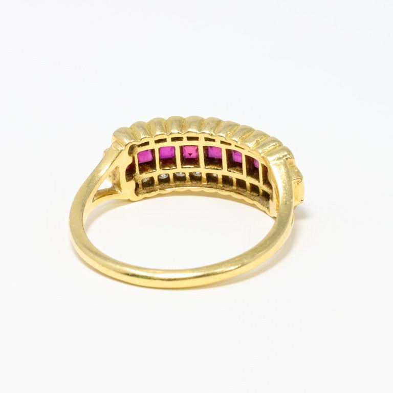 14 Karat Yellow Gold Square Cut .45 Carat Ruby and Round Diamond Fashion Ring