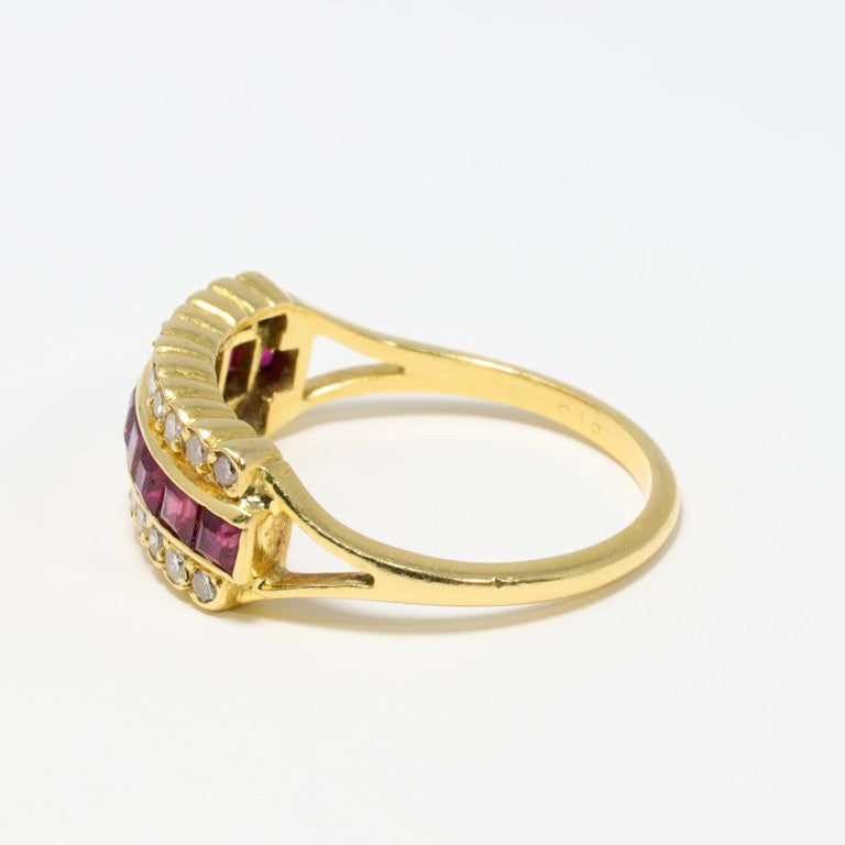14 Karat Yellow Gold Square Cut .45 Carat Ruby and Round Diamond Fashion Ring
