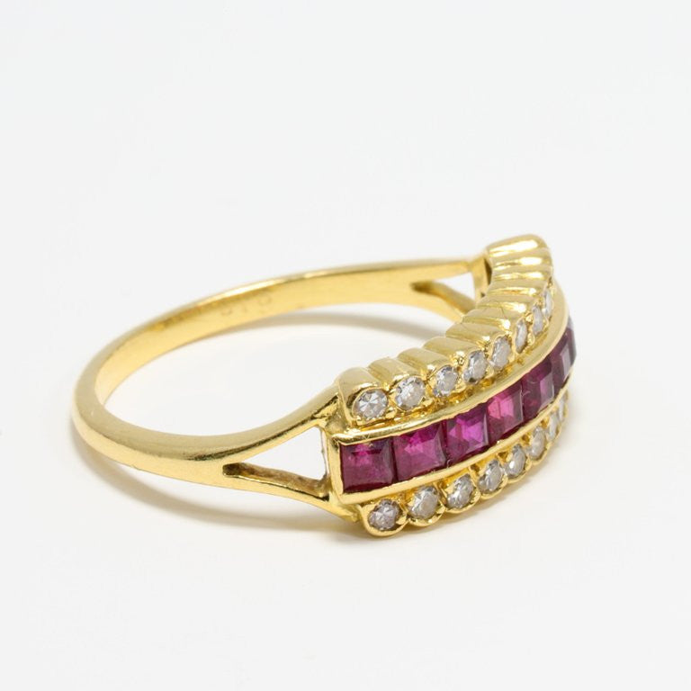 14 Karat Yellow Gold Square Cut .45 Carat Ruby and Round Diamond Fashion Ring