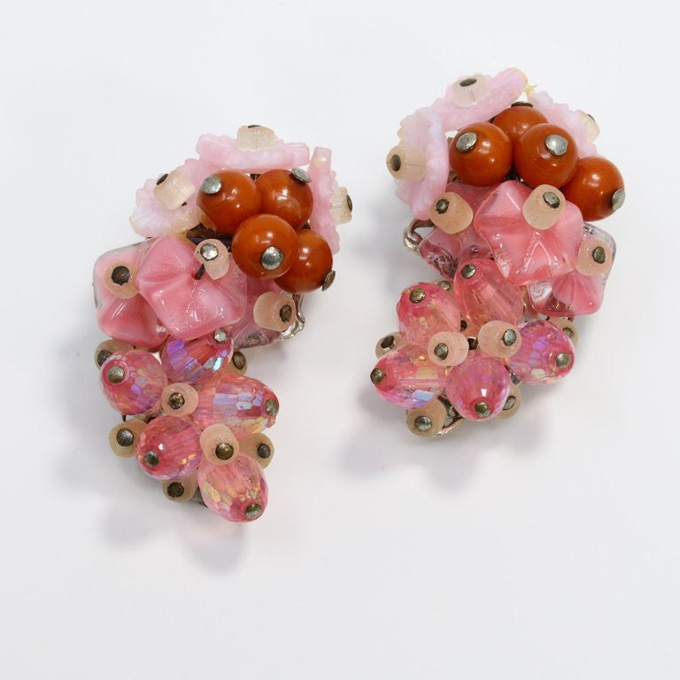 Hobe Rose Crystal Cluster and Coral Bead Clip On Earrings and Infinity Bracelet