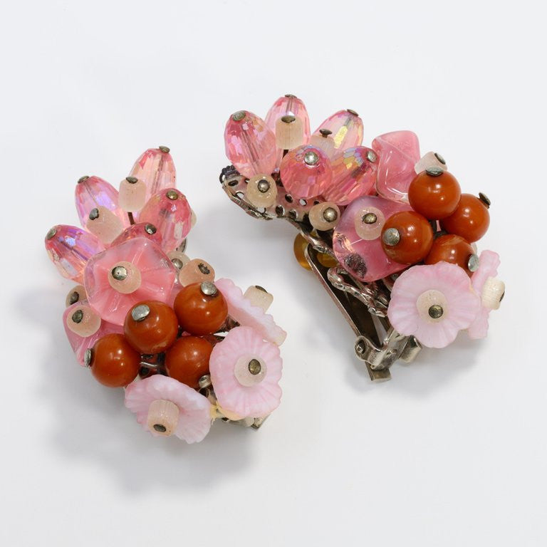 Hobe Rose Crystal Cluster and Coral Bead Clip On Earrings and Infinity Bracelet