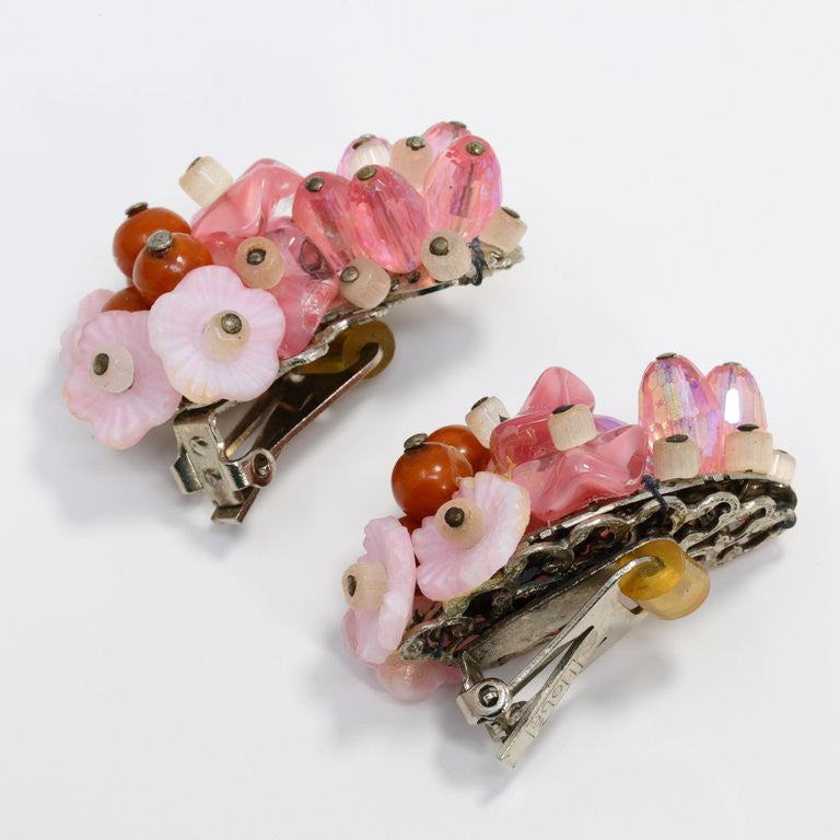 Hobe Rose Crystal Cluster and Coral Bead Clip On Earrings and Infinity Bracelet