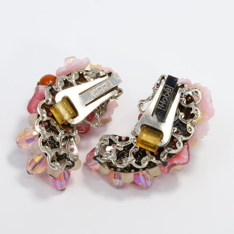 Hobe Rose Crystal Cluster and Coral Bead Clip On Earrings and Infinity Bracelet