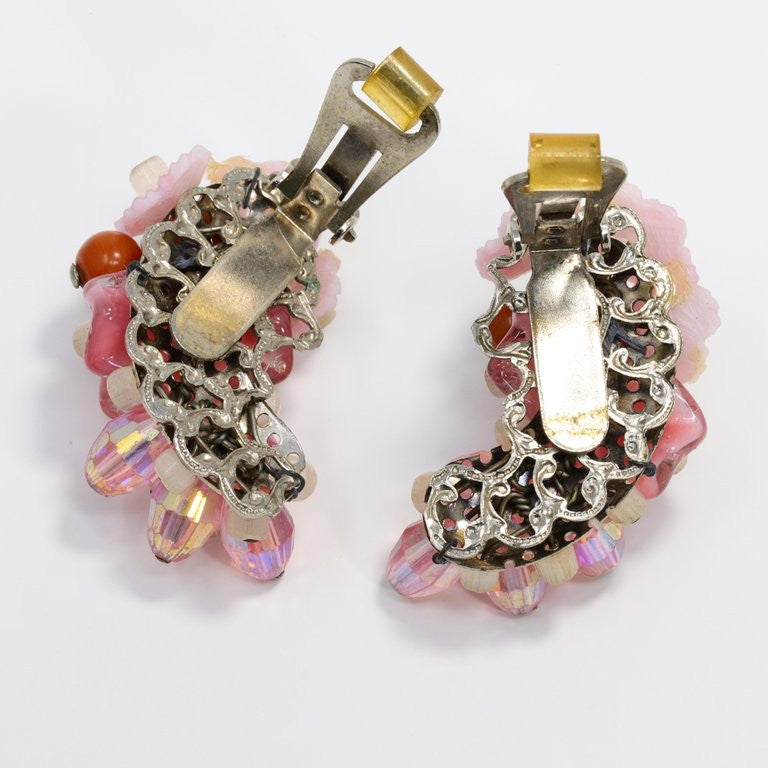 Hobe Rose Crystal Cluster and Coral Bead Clip On Earrings and Infinity Bracelet