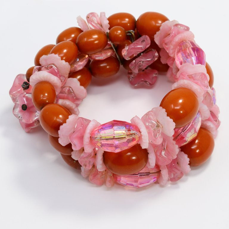Hobe Rose Crystal Cluster and Coral Bead Clip On Earrings and Infinity Bracelet