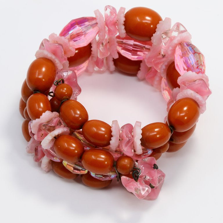 Hobe Rose Crystal Cluster and Coral Bead Clip On Earrings and Infinity Bracelet