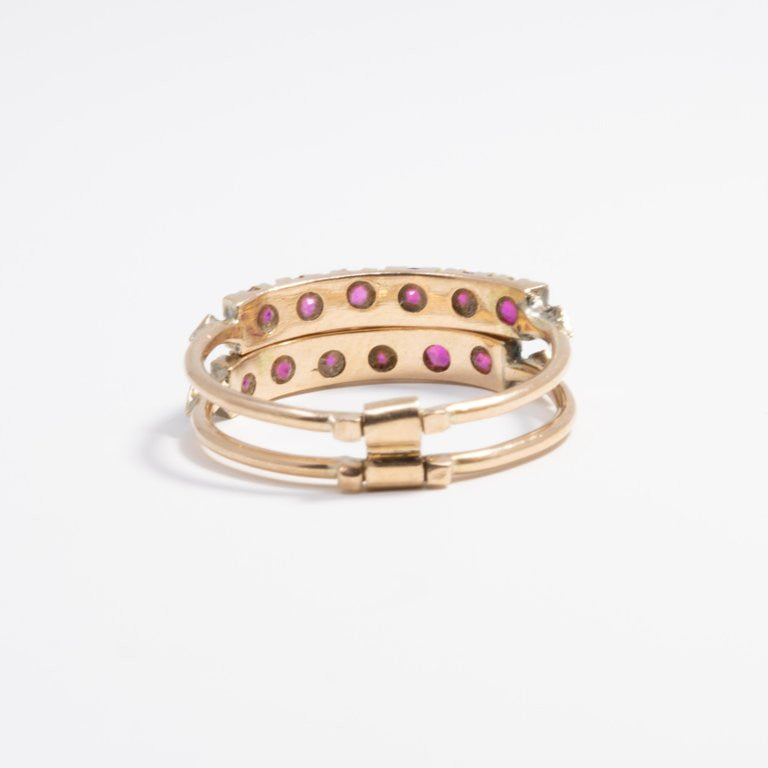 14 Karat Yellow Gold Square Cut .6 Carat Ruby and Double Band Fashion Ring