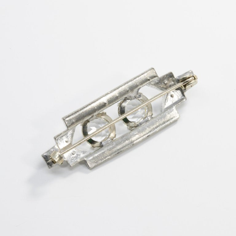 Art Deco Clear Prong Set Crystal Rectangular Pin in Silver Tone