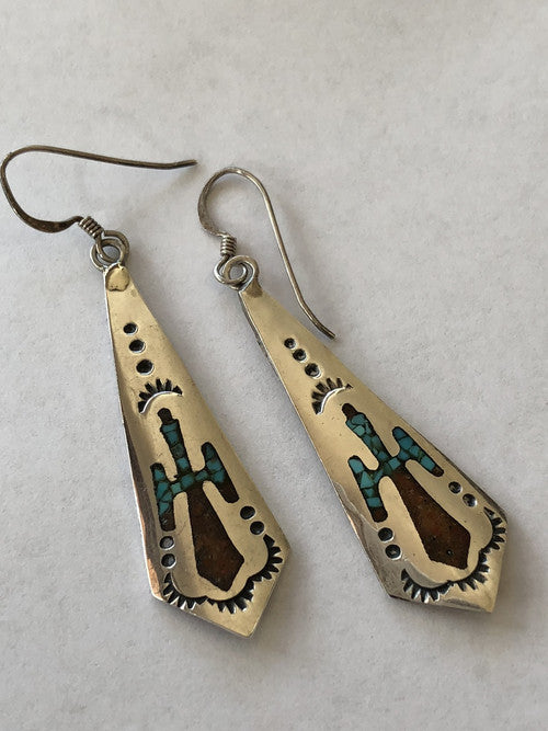 Zuni Sterling Silver Turquoise & Coral Inlay Earrings
