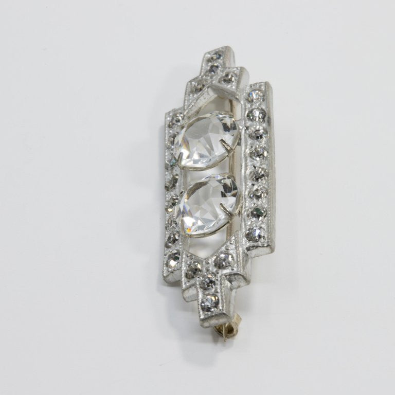 Art Deco Clear Prong Set Crystal Rectangular Pin in Silver Tone