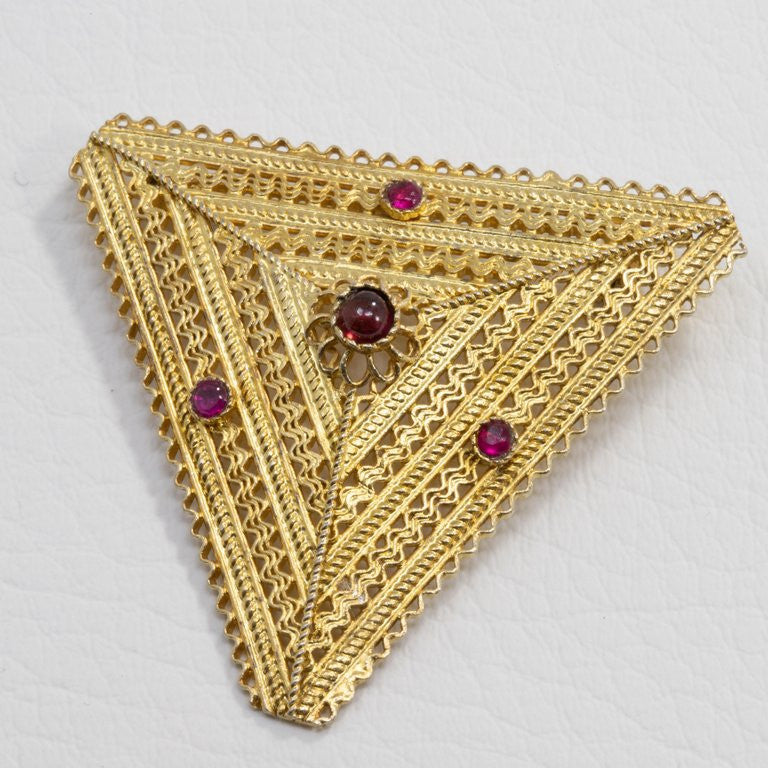 Ruby and Amethyst Triangular Floral Brooch Pin in Gold, Early 1900s