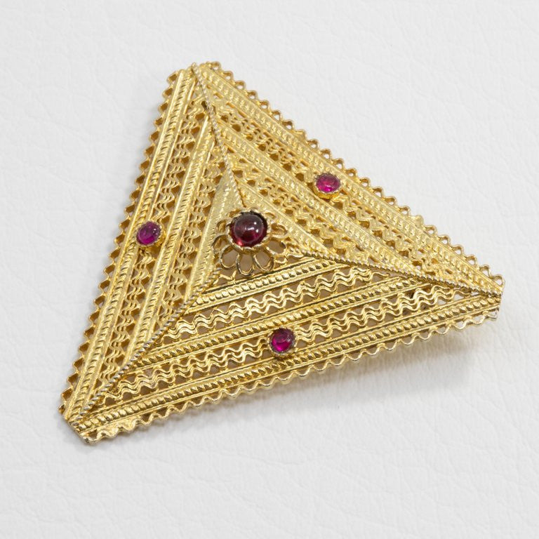 Ruby and Amethyst Triangular Floral Brooch Pin in Gold, Early 1900s