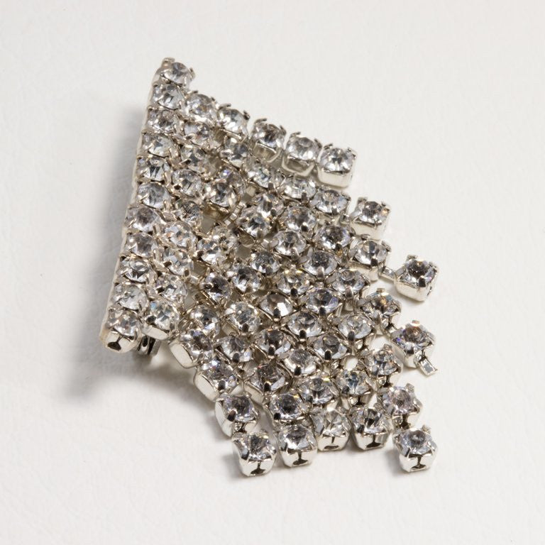 Art Deco Clear Crystal Dangling Brooch Pin, Rhodium Plated, Early 1900s