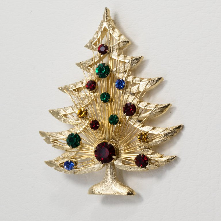 Brooks Harp Christmas Tree Pin Brooch with Prong Set Multicolor Crystals in Gold