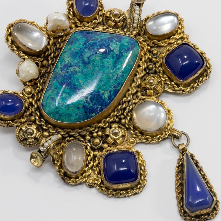 Dangling Brass Statement Pendant with Quartz, Pearl, in Blue, Teal, Clear