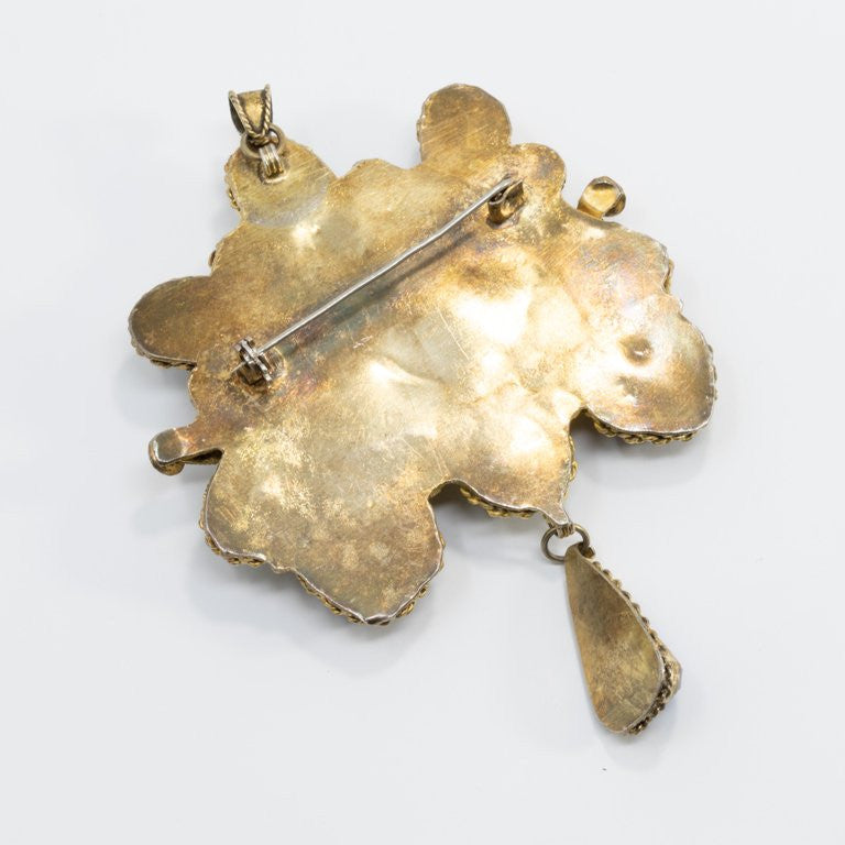 Dangling Brass Statement Pendant with Quartz, Pearl, in Blue, Teal, Clear