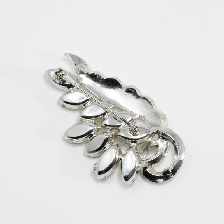 Vintage Floral Motif Clear Crystal Brooch Pin, Rhodium Plated, Circa Mid 1900s