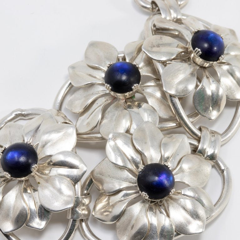 Kreisler Deep Blue Gemstone Sterling Silver Flower Link Bracelet, Foldover Clasp