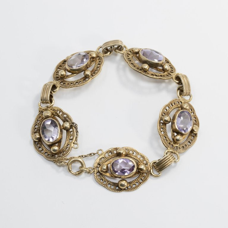 Amethyst Gemstone Ornate Link Vermeil Bracelet, Hallmarked Sterling, Early 1900s