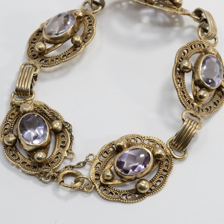 Amethyst Gemstone Ornate Link Vermeil Bracelet, Hallmarked Sterling, Early 1900s