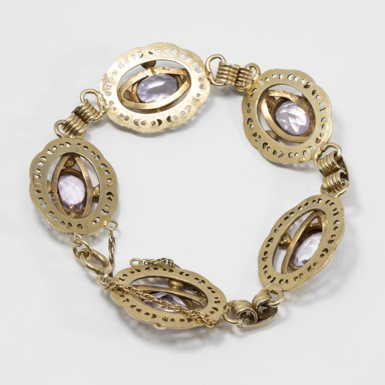 Amethyst Gemstone Ornate Link Vermeil Bracelet, Hallmarked Sterling, Early 1900s