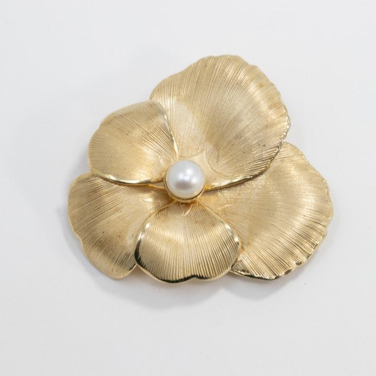 Danecraft Flower Pin Brooch, Textured Gold and Cultured Pearl
