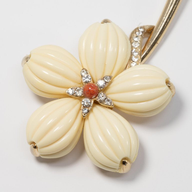 Trifari Cream Lucite Petal Flower Gold Brooch with Clear Crystals and Faux Coral