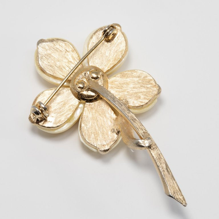 Trifari Cream Lucite Petal Flower Gold Brooch with Clear Crystals and Faux Coral