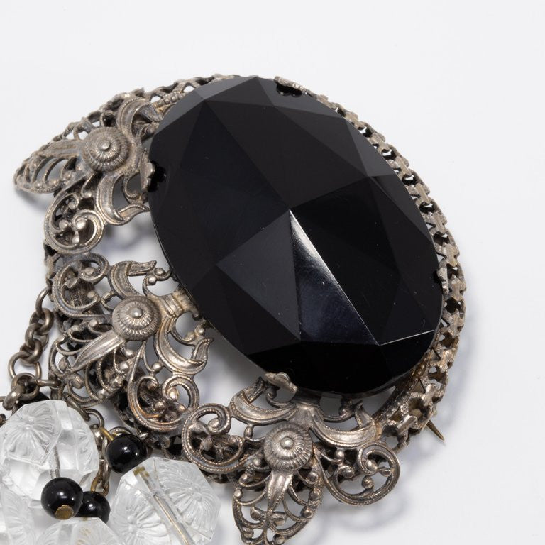 Victorian Black Centerpiece Stone with Dangling Quartz,Onyx, Signed JF