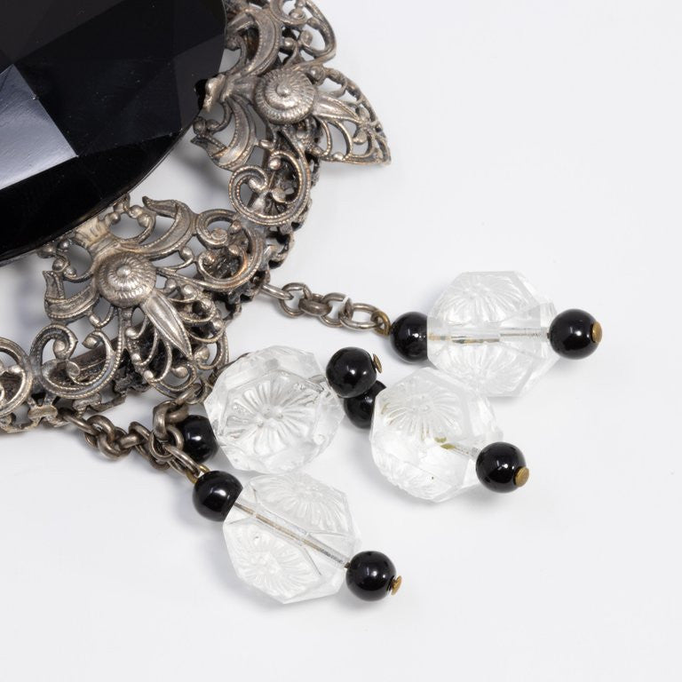 Victorian Black Centerpiece Stone with Dangling Quartz,Onyx, Signed JF